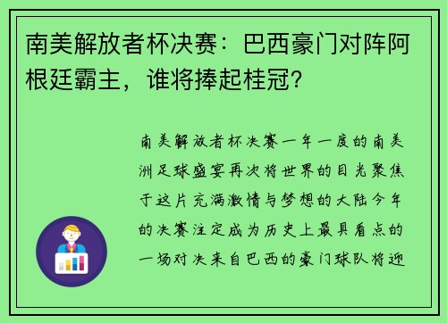南美解放者杯决赛：巴西豪门对阵阿根廷霸主，谁将捧起桂冠？