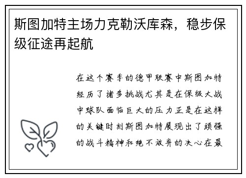 斯图加特主场力克勒沃库森，稳步保级征途再起航