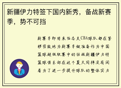 新疆伊力特签下国内新秀，备战新赛季，势不可挡
