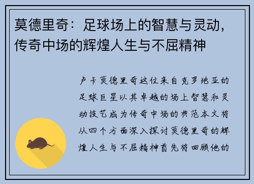 莫德里奇：足球场上的智慧与灵动，传奇中场的辉煌人生与不屈精神