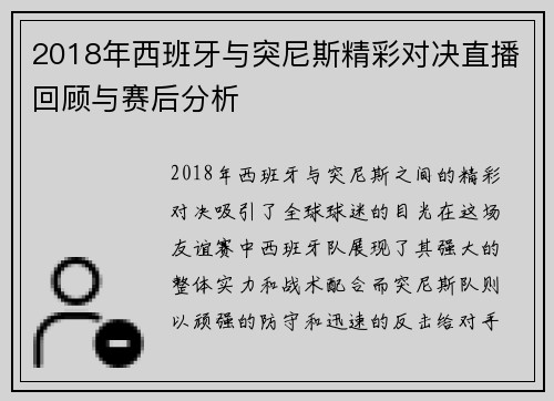 2018年西班牙与突尼斯精彩对决直播回顾与赛后分析