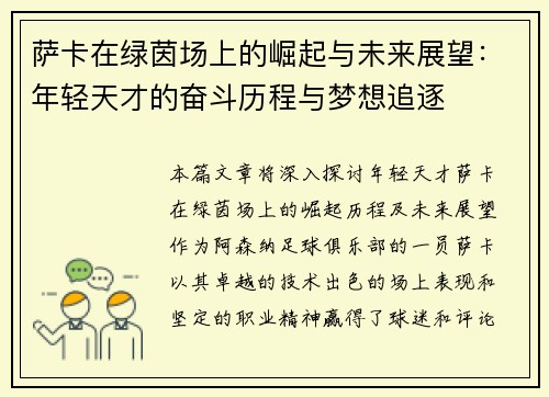 萨卡在绿茵场上的崛起与未来展望：年轻天才的奋斗历程与梦想追逐