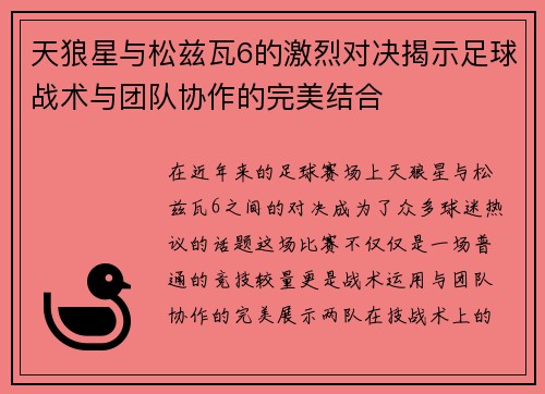 天狼星与松兹瓦6的激烈对决揭示足球战术与团队协作的完美结合