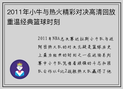 2011年小牛与热火精彩对决高清回放重温经典篮球时刻