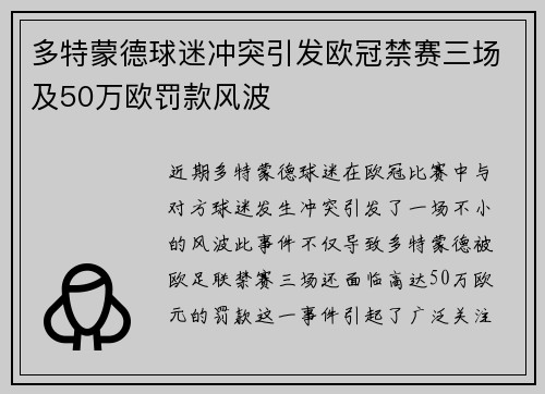 多特蒙德球迷冲突引发欧冠禁赛三场及50万欧罚款风波