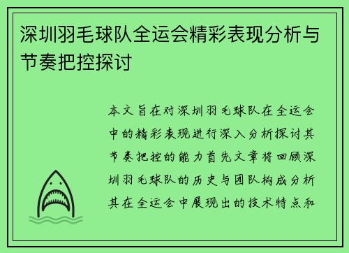 深圳羽毛球队全运会精彩表现分析与节奏把控探讨