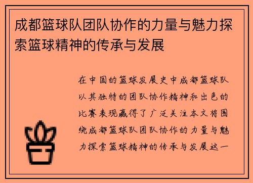 成都篮球队团队协作的力量与魅力探索篮球精神的传承与发展