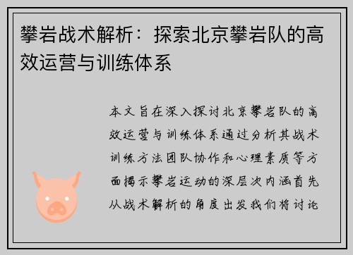 攀岩战术解析：探索北京攀岩队的高效运营与训练体系