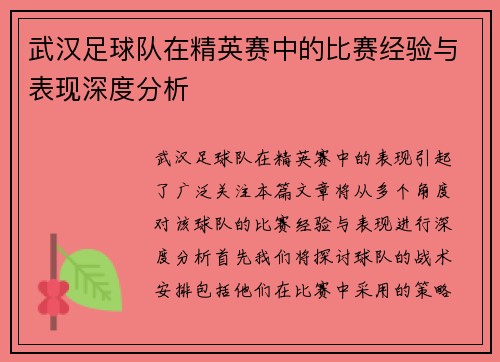 武汉足球队在精英赛中的比赛经验与表现深度分析