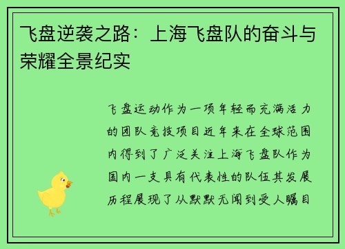 飞盘逆袭之路：上海飞盘队的奋斗与荣耀全景纪实