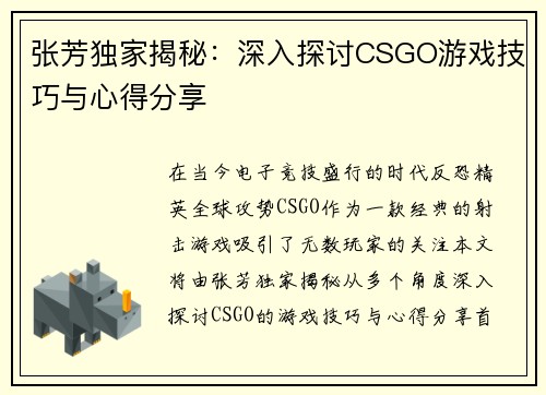 张芳独家揭秘：深入探讨CSGO游戏技巧与心得分享