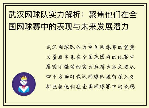 武汉网球队实力解析：聚焦他们在全国网球赛中的表现与未来发展潜力